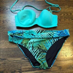 H&M Blue and Black Bikini Set with Tropical Print